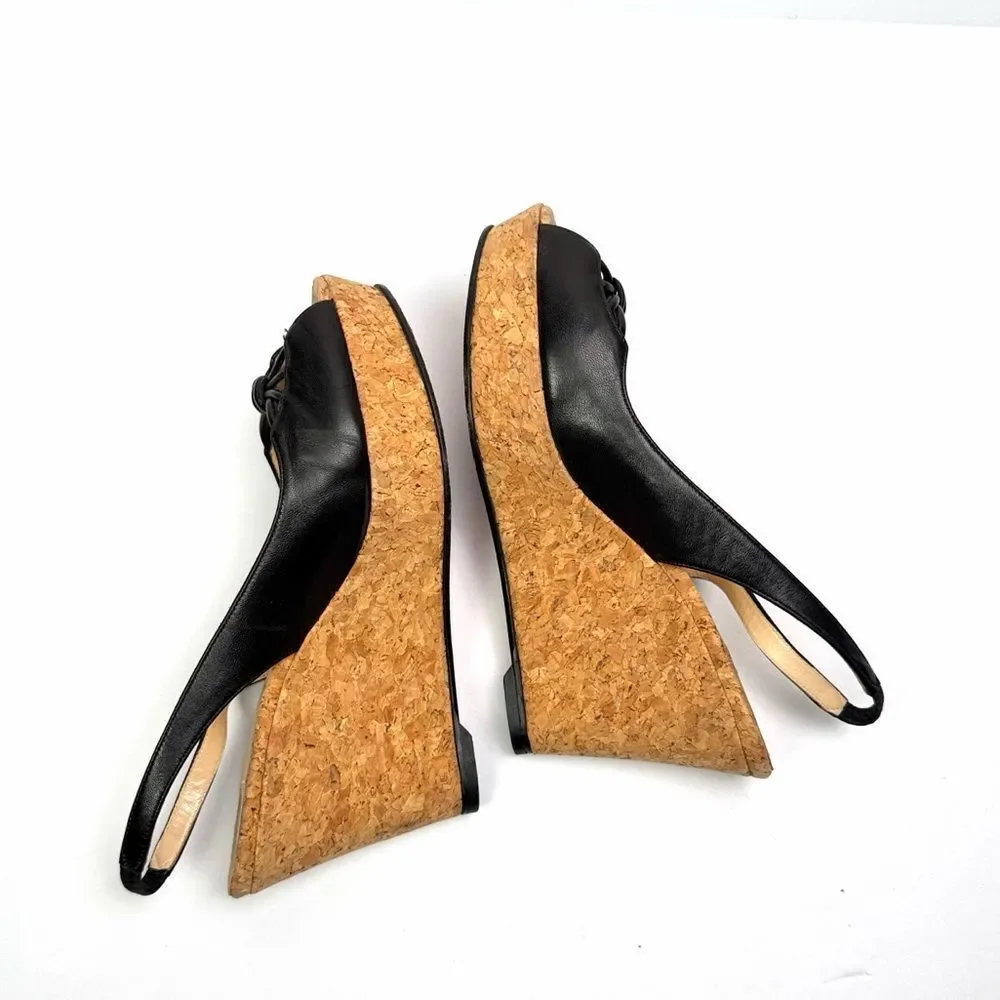 Christian Louboutin Cork Wedges Sandals Black Leather Peep Toe Slingback US 8